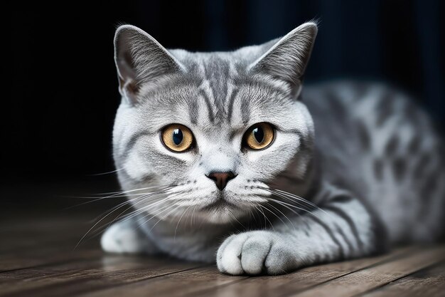 Студийная фотография американской короткошерстной кошки на темном фоне.