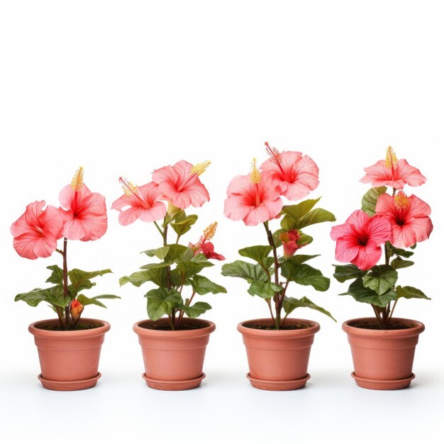 Photo studio photography four pink hibiscus flowers in pots on white background