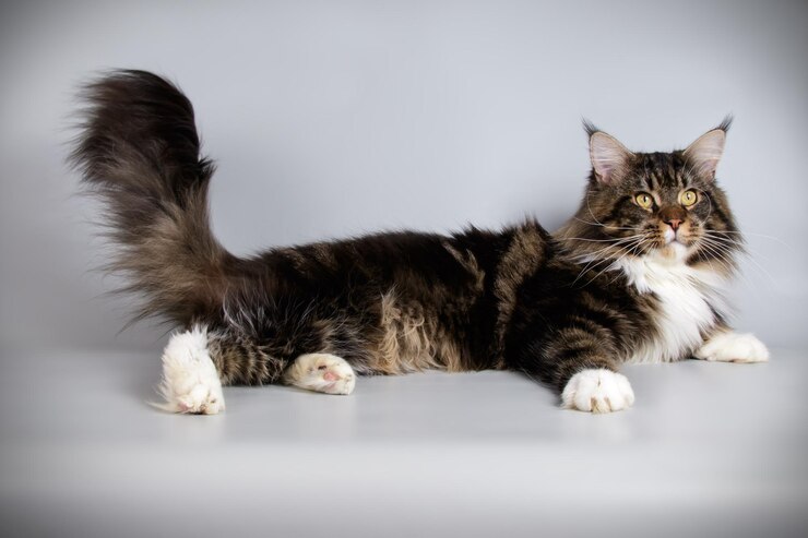 Photo 色付きの背景にメインクーン猫のスタジオ撮影