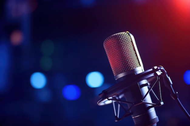 Photo studio podcast microphone on blurry neon background