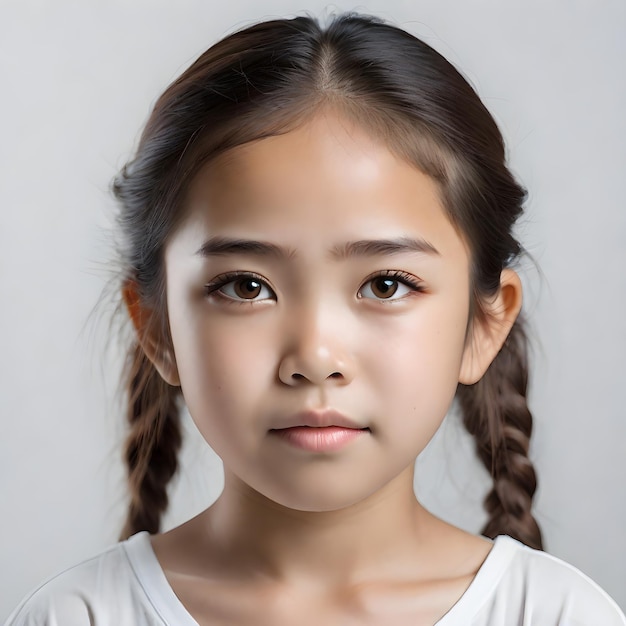 Studio portrait of an 8 years old thai girl with innocent expression Light Background