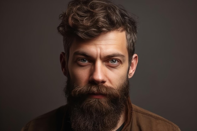 Studio portrait of bearded man posing over beige background looking into camera with calm facial expression