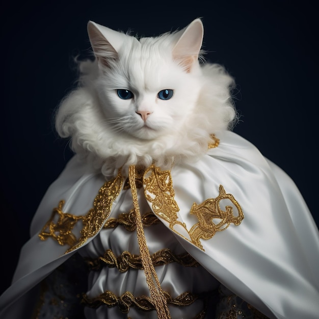 Студийный портрет красивой белой кошки в желтом шарфе на сером фоне Генеративный AI