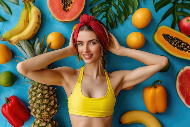 Studio portrait of beautiful young girl with fitness figure on background with tropical fruits