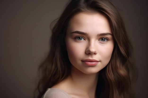 Studio portrait of a beautiful young woman with brown hair pretty model girl with perfect fresh clean skin beauty healthy lifestyle and skin care concept