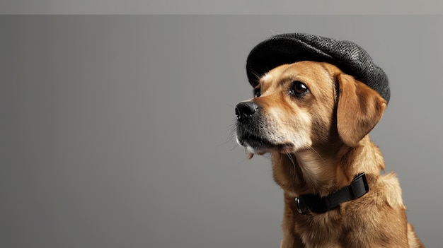 Photo a studio portrait of a brown dog wearing a tweed cap the dog is looking away from the camera with a pensive expression