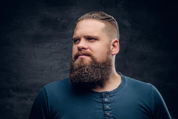 Studio portrait of brutal bearded male on grey vignette background.