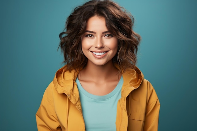 Photo studio portrait of charming caucasian young woman in casual outwear cheerful millennial brunette girl in blue tshirt and yellow windbreaker smiling happily blue background