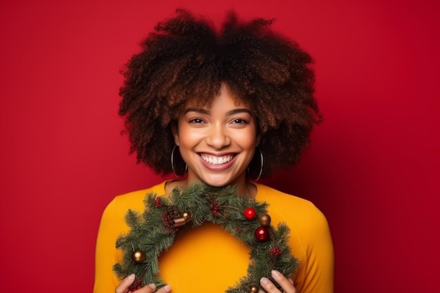 楽しいアフリカ系アメリカ人の若い女性がクリスマスの花束を手に持っているスタジオの肖像画