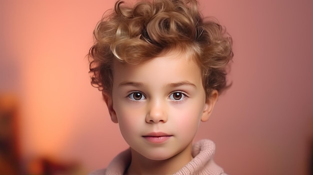 Studio portrait of a child model with selective focus and copy space on a colored background