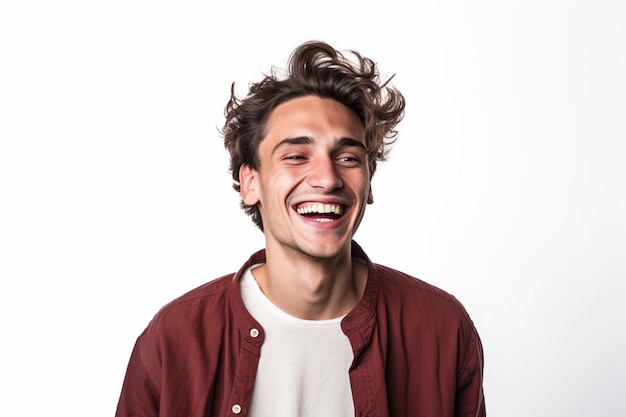 Studio portrait concept of a smiling young man talking on a white background