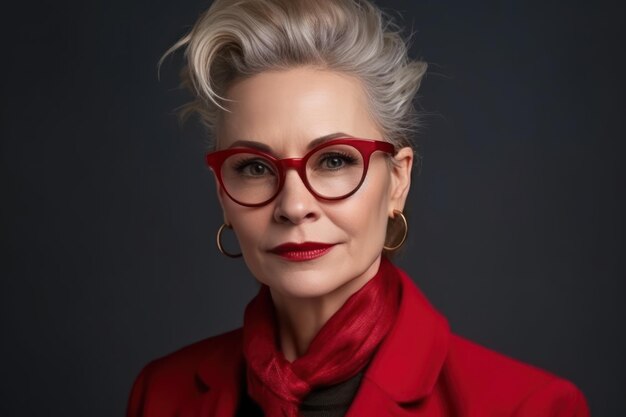 Studio portrait of confident mature businesswoman wearing stylish red eyeglasses isolated on background successful business concept