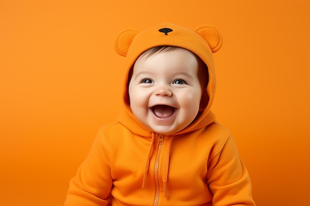 Photo studio portrait of cute little baby infant smiling and laughing on orange background