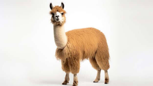 Foto ritratto in studio di un carino lama isolato su uno sfondo bianco che cattura l'adorabile e domestica bellezza di questo peloso animale da fattoria