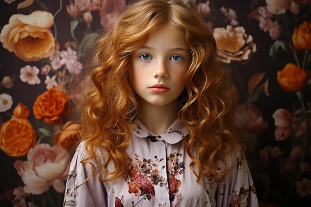 Photo studio portrait of cutle little curly ginger girl on different colours background