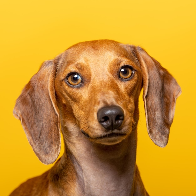 Studio portrait of a dachshund on yellow background