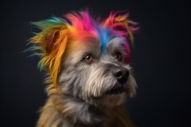 Studio portrait of a dog sitting at a dog groomer with dyed hair on his head in rainbow colors