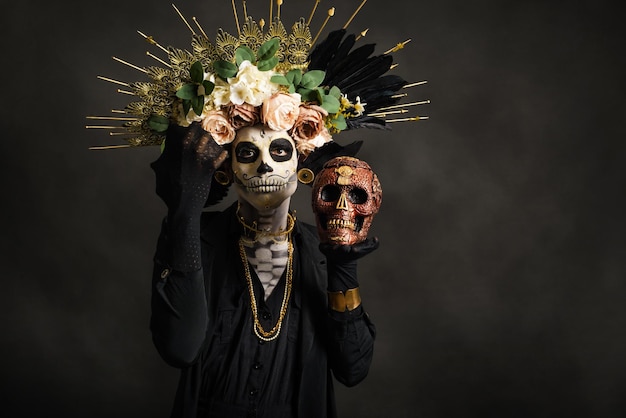 Photo studio portrait of drag queen catrin makeup for halloween or day of the dead