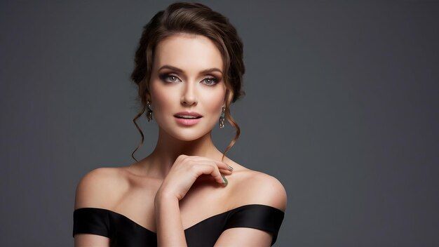 Studio portrait of elegant stylish lady with evening make up in black dress with bare shoulders