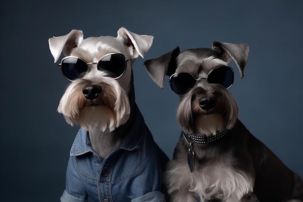 Studio portrait of fashionable schnauzer dogs dressed in a blue shirt and sunglasses