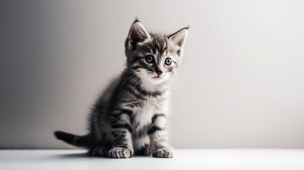 Studio portrait of gray and white tabby kitten light gray background