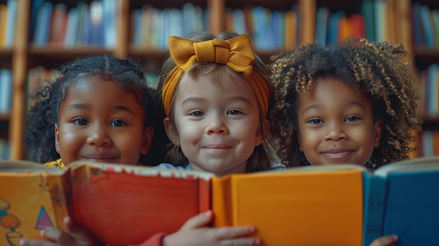 Photo studio portrait of a group of diverse kids reading together