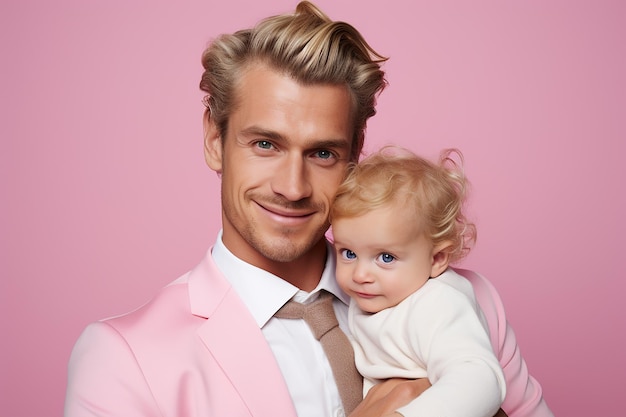 Studio portrait of handsome man holding infant baby in his hands on different colour background