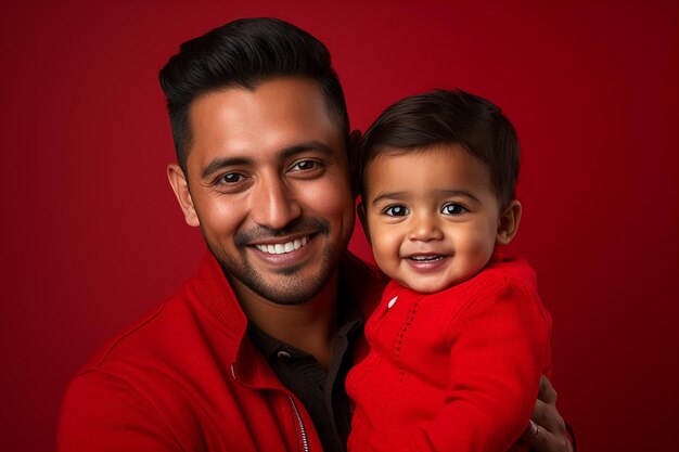 Studio portrait of handsome man holding infant baby in his hands on different colour background