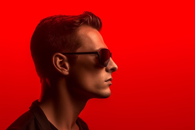 Studio portrait of handsome man in sunglasses standing on colour background