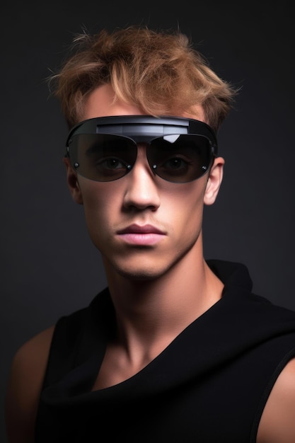 Studio portrait of a handsome young man wearing futuristic glasses created with generative ai