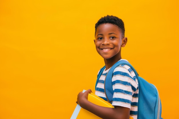 Studio portrait of a happy Black boy with a backpack standing alone against a bright backdrop