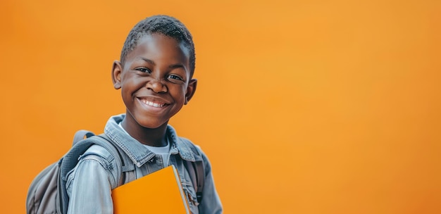 Studio portrait of a happy Black boy with a backpack standing alone against a bright backdrop