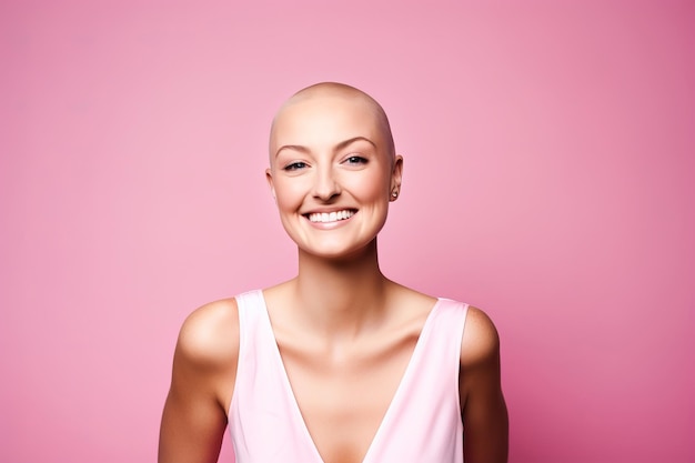 Studio portrait of a happy cancer patient against a pink background