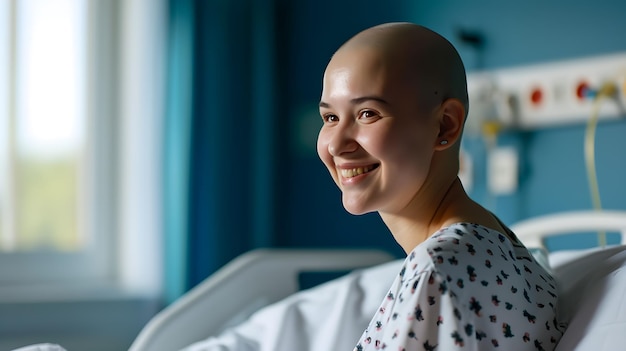 Studio portrait of a happy cancer patient female in a hospital pad