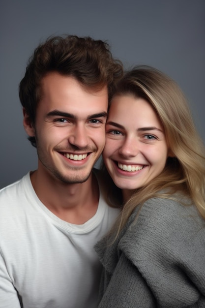 Studio portrait of a happy young couple posing together against a grey background