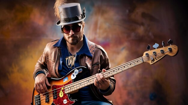 Foto ritratto in studio del bassista hipster vestito con un cappello a cilindro