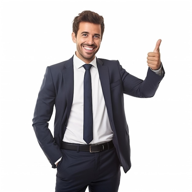 Studio portrait image of smiling young businessman in black suit and blue tie necktie with crossed arms isolated isolate over white background Business man at studio picture