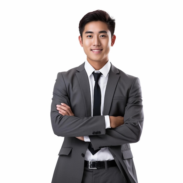 Studio portrait image of smiling young businessman in black suit and blue tie necktie with crossed arms isolated isolate over white background Business man at studio picture