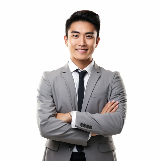 Studio portrait image of smiling young businessman in black suit and blue tie necktie with crossed arms isolated isolate over white background Business man at studio picture