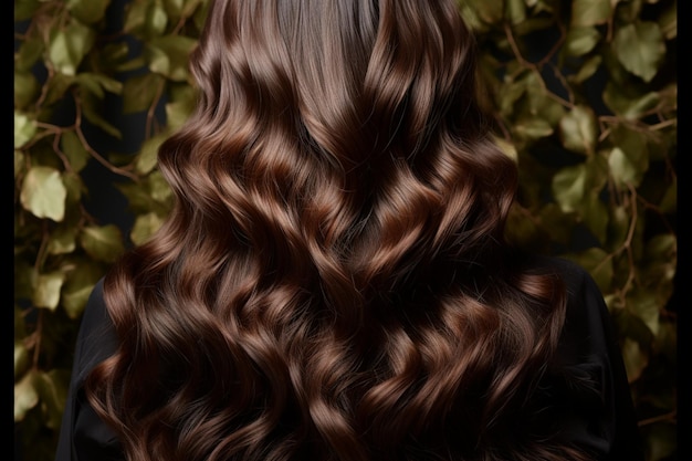스튜디오 초상화 긴 검은 곱슬 머리카락 캐스케이드는 우아하게 갈색을 보여주는 뒷면