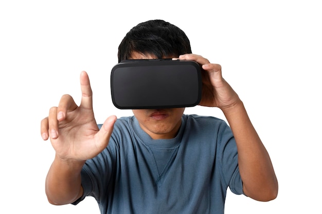 Studio portrait man wearing VR Headset isolated on white background Glasses of virtual reality Technology gaming entertainment and people concept copy space