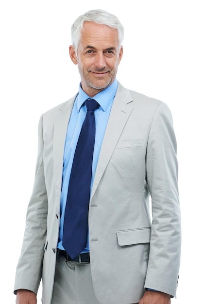 studio portrait or mature businessman for confidence in fashion suit and professional worker senior person face or pride in accounting career in corporate clothes or positive by white background