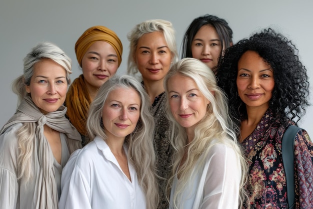 Foto ritratto in studio di un gruppo multietnico di sette donne mature su uno sfondo grigio