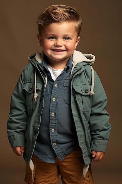 Photo studio portrait of an overweight blond boy against a brown background