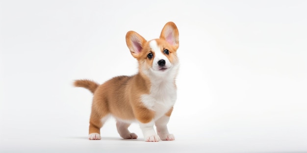 studio portrait of Pembroke Welsh Corgi puppy standing on hind legs against a white Generative AI