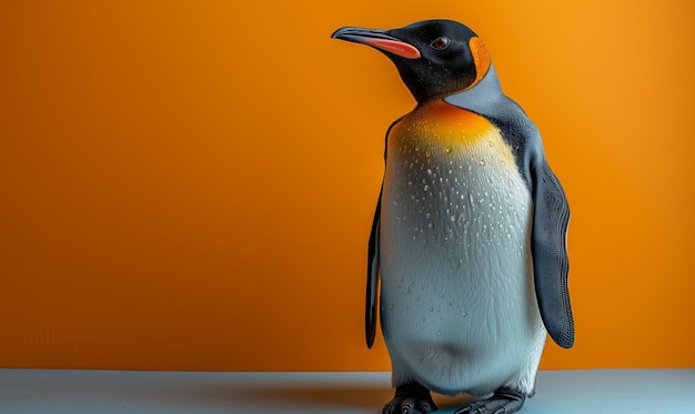 Studio portrait of a penguin on a blue and yellow background