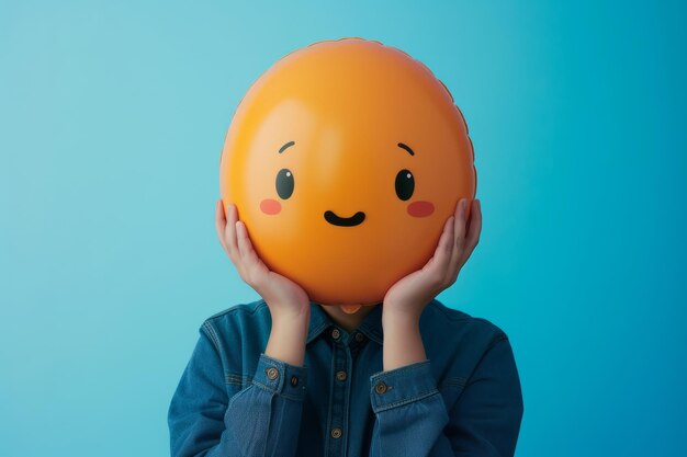 A studio portrait of a person holding a social media emoji character face over their head