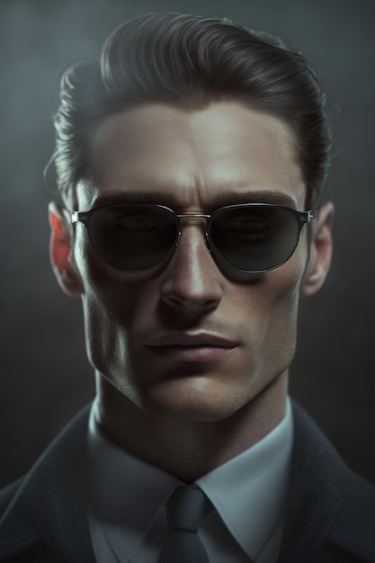 Studio portrait of serious caucasian man wearing sunglasses Black background