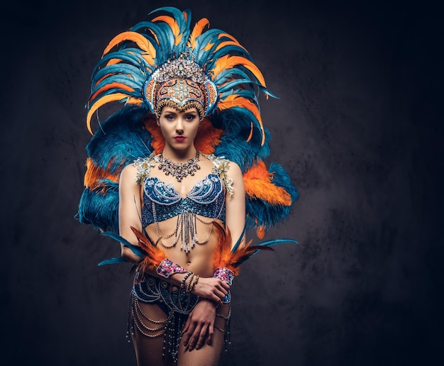 Studio portrait of a sexy female in a colorful sumptuous carnival feather suit, posing on a dark background.