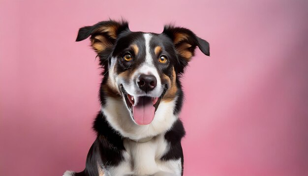Photo studio portrait of smiling black brown and white mixed breed rescue dog sitting and smiling